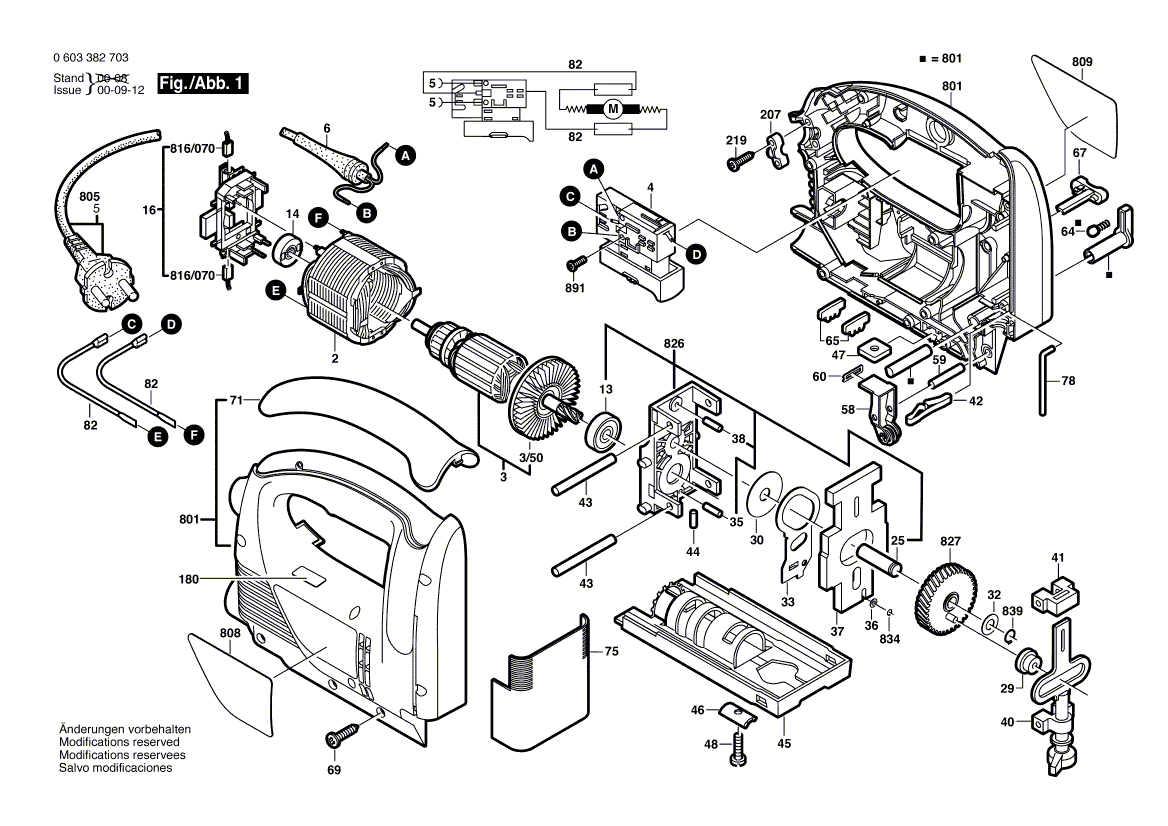 Запчасти для электролобзика Bosch PST 750 PE 230 V 0603382703, деталировка 1 - цена в Москве, купить оригинальные запчасти Бош в интернет-магазине «Премиум инструмент»