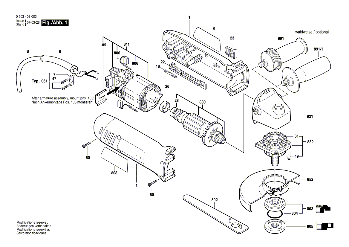 Запчасти для угловой шлифмашины Bosch PWS 7-125 230 V 0603403003, деталировка 1 - цена в Москве, купить оригинальные запчасти Бош в интернет-магазине «Премиум инструмент»