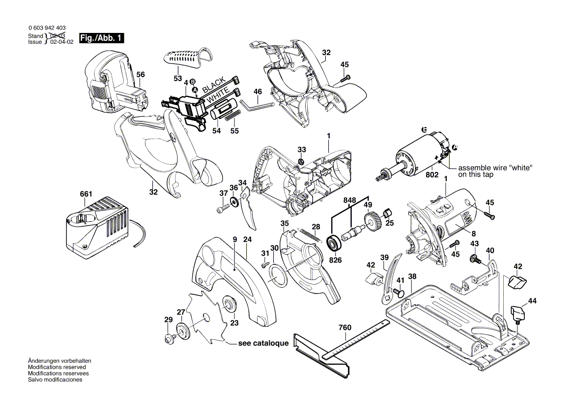 Запчасти для аккумуляторной циркулярной пилы Bosch PKS 14,4 V 14.4 V 0603942403, деталировка 1 - цена в Москве, купить оригинальные запчасти Бош в интернет-магазине «Премиум инструмент»