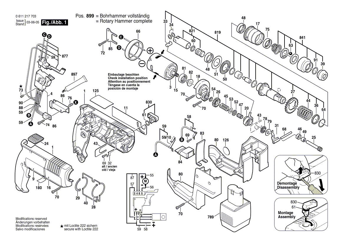 Запчасти для аккумуляторного отбойного молотка Bosch GBH 12 VRE 12 V 0611217783, деталировка 1 - цена в Москве, купить оригинальные запчасти Бош в интернет-магазине «Премиум инструмент»