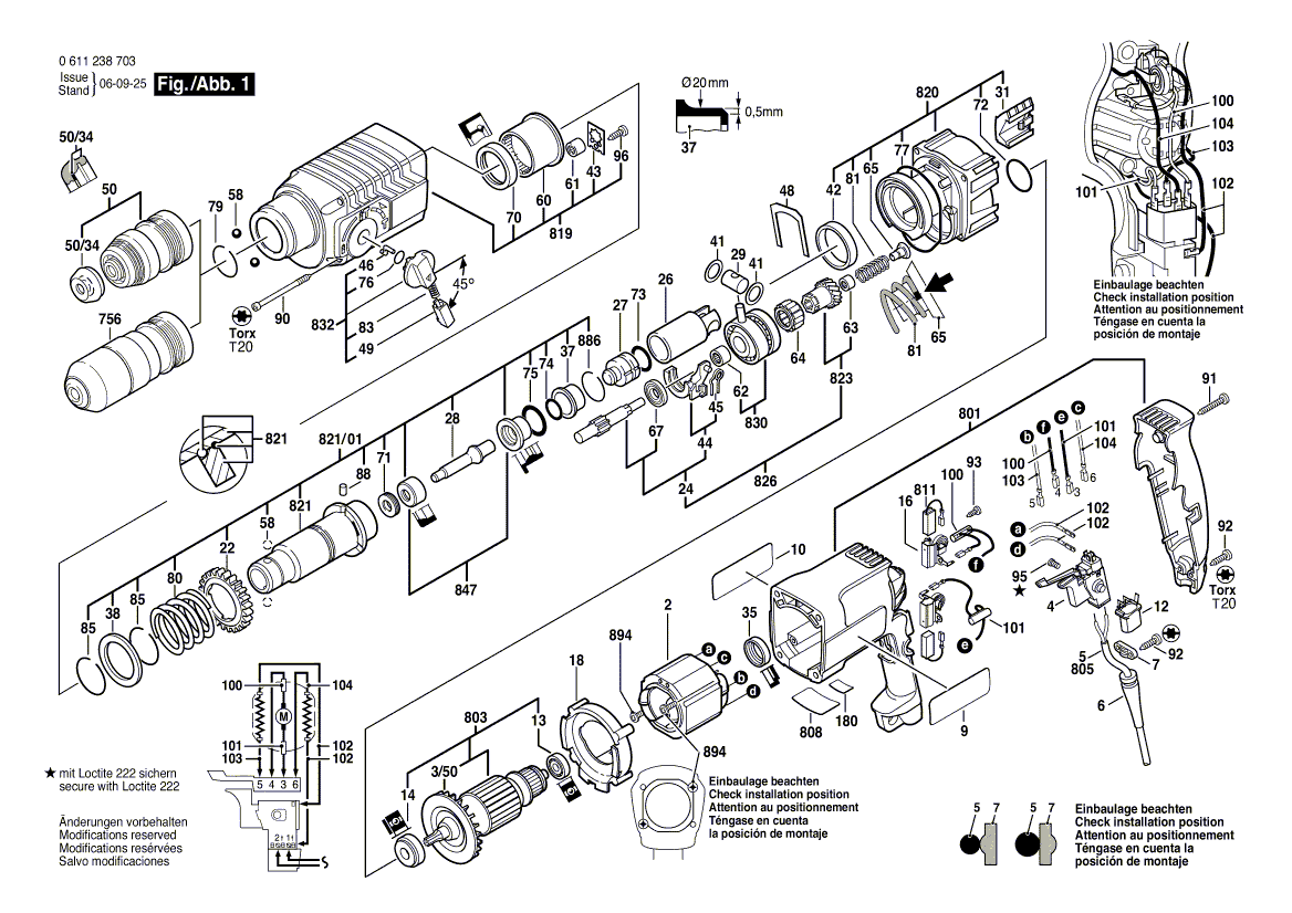 Запчасти для перфоратора Bosch GBH 2-24 DFR 230 V 0611238703, деталировка 1 - цена в Москве, купить оригинальные запчасти Бош в интернет-магазине «Премиум инструмент»