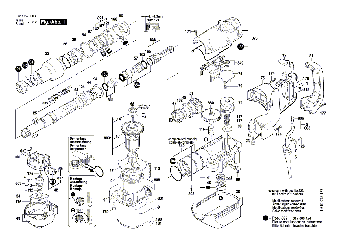 Запчасти для перфоратора Bosch GBH 500 230 V 0611240065, деталировка 1 - цена в Москве, купить оригинальные запчасти Бош в интернет-магазине «Премиум инструмент»