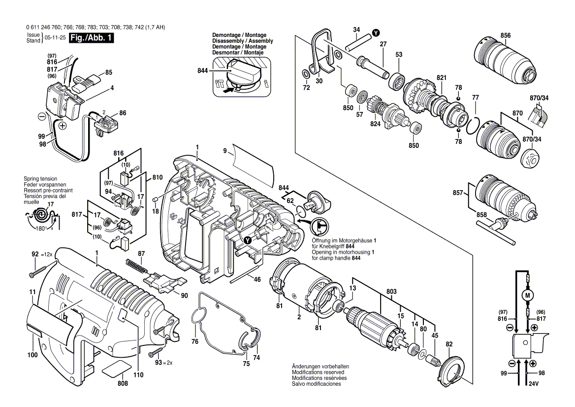Запчасти для перфоратора Bosch GBH 24 VFR 24 V 0611246703, деталировка 1 - цена в Москве, купить оригинальные запчасти Бош в интернет-магазине «Премиум инструмент»