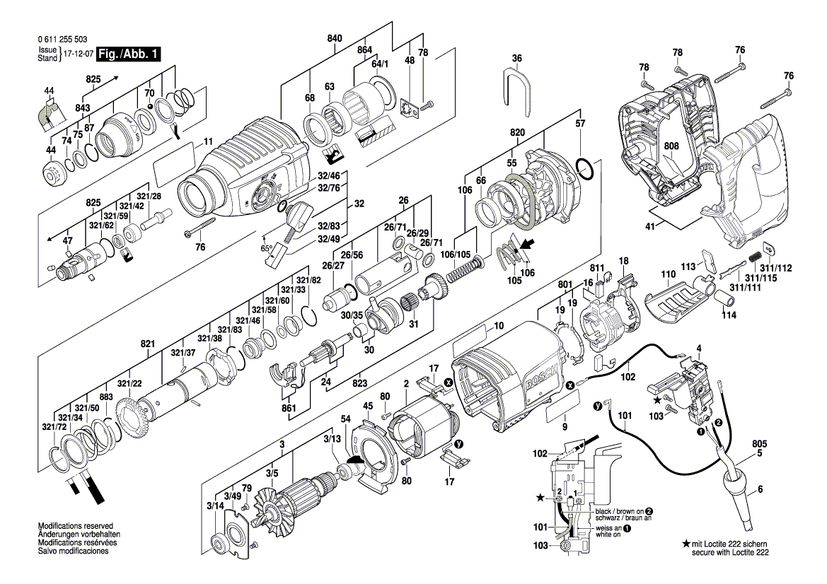 Запчасти для перфоратора Bosch GBH 2-26 DBR 230 V 0611255503, деталировка 1 - цена в Москве, купить оригинальные запчасти Бош в интернет-магазине «Премиум инструмент»
