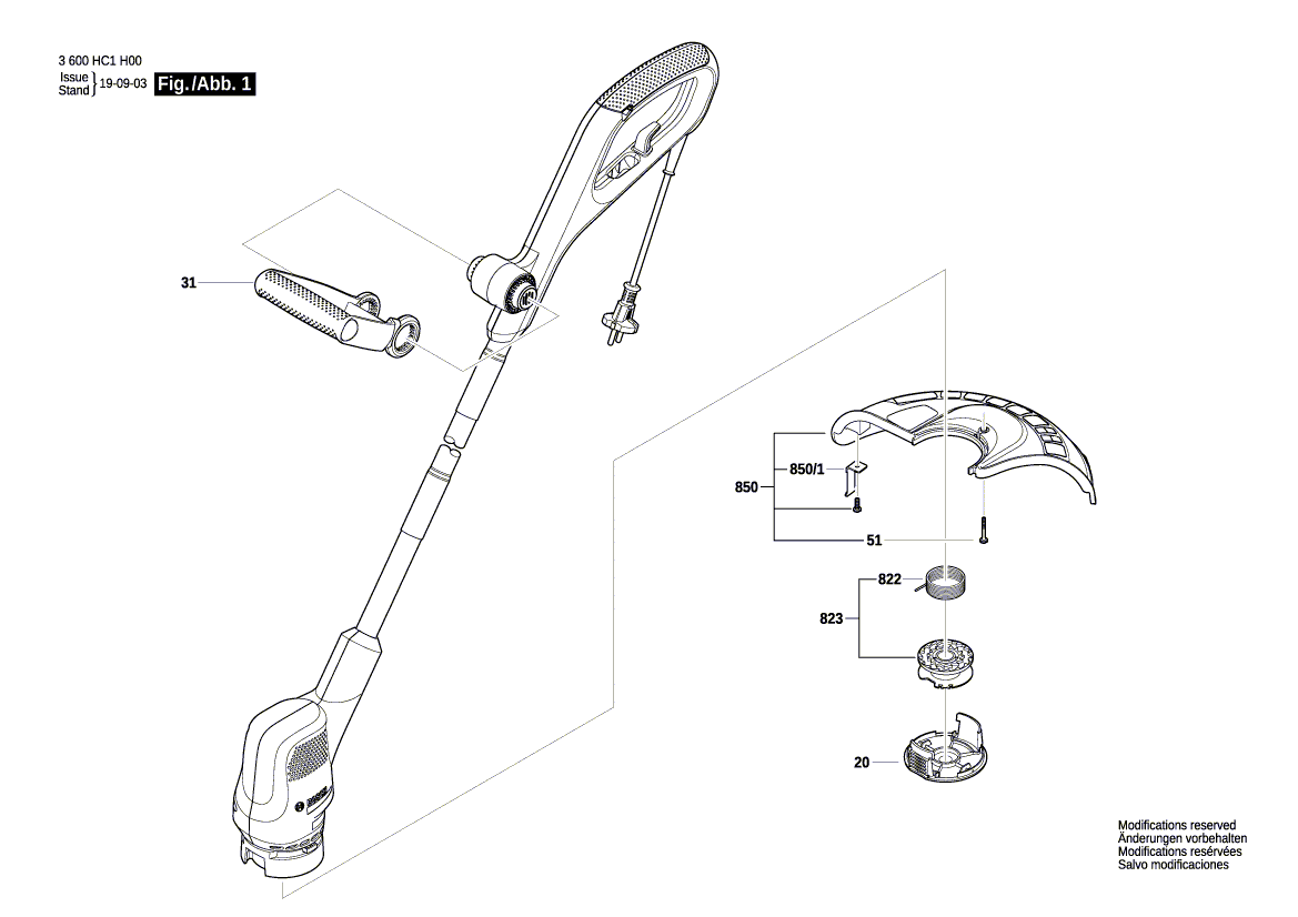 Запчасти для триммера для травы Bosch EasyGrassCut 23 230 V 3600HC1H00, деталировка 1 - цена в Москве, купить оригинальные запчасти Бош в интернет-магазине «Премиум инструмент»