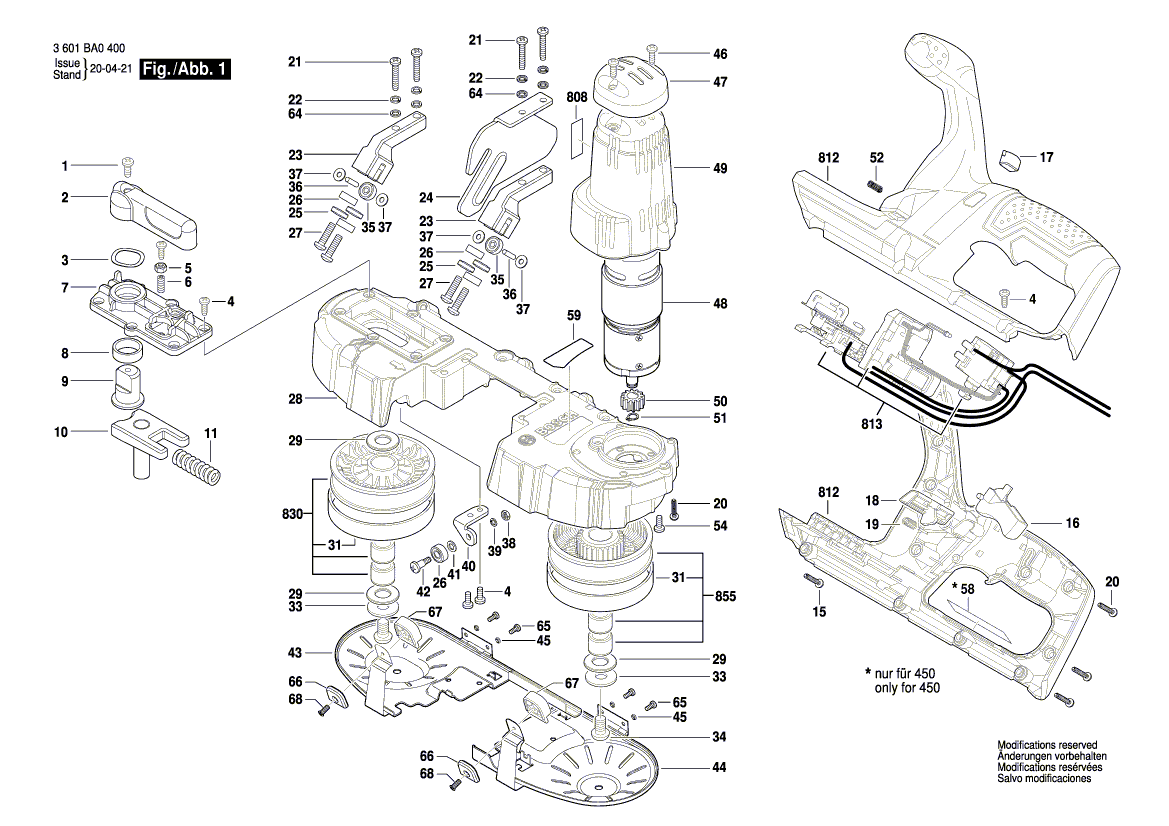 Запчасти для летночного пильного станка Bosch GCB 18V-63 230 V 3601BA0400, деталировка 1 - цена в Москве, купить оригинальные запчасти Бош в интернет-магазине «Премиум инструмент»