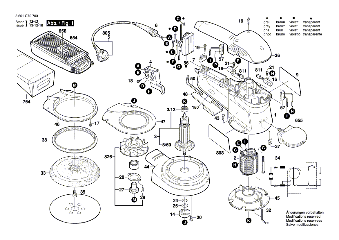 Запчасти для эксцентриковой шлифмашины Bosch GEX 150 AC 230 V 3601C72703, деталировка 1 - цена в Москве, купить оригинальные запчасти Бош в интернет-магазине «Премиум инструмент»