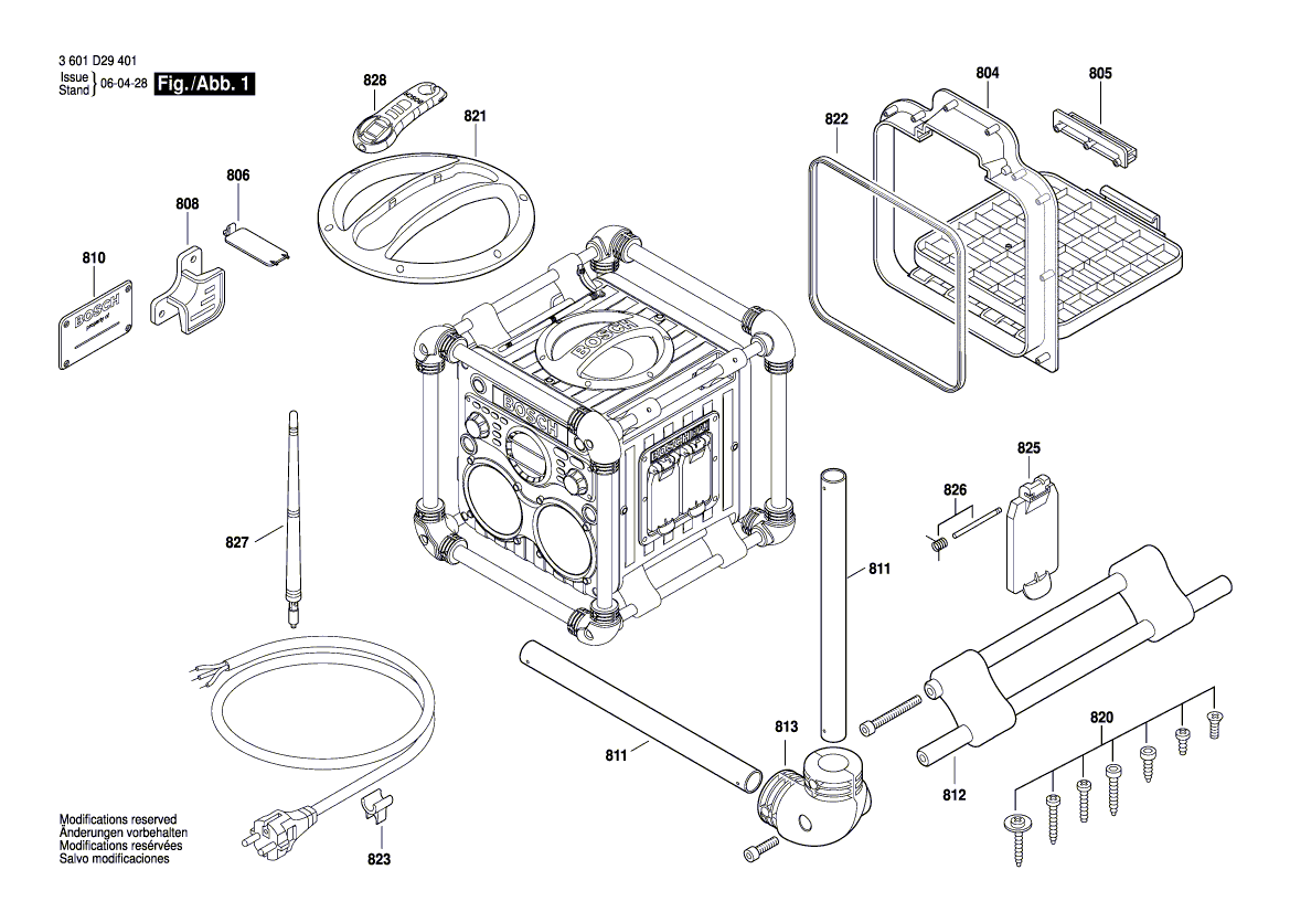 Запчасти для радиоколонки power Bosch GML 24V-CD 24 V 3601D29501, деталировка 1 - цена в Москве, купить оригинальные запчасти Бош в интернет-магазине «Премиум инструмент»