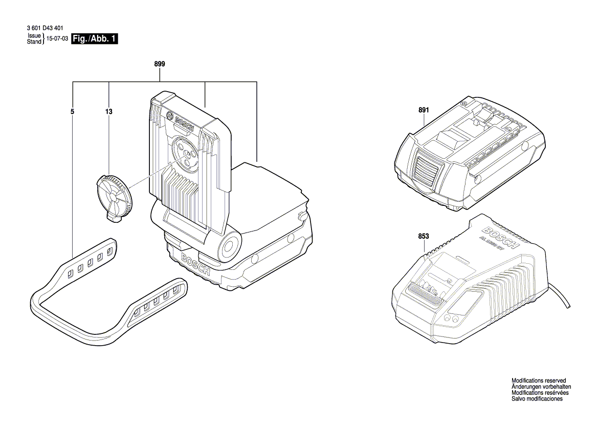 Запчасти для аккумуляторного фонаря Bosch GLI VariLED 14.4 V 3601D43401, деталировка 1 - цена в Москве, купить оригинальные запчасти Бош в интернет-магазине «Премиум инструмент»