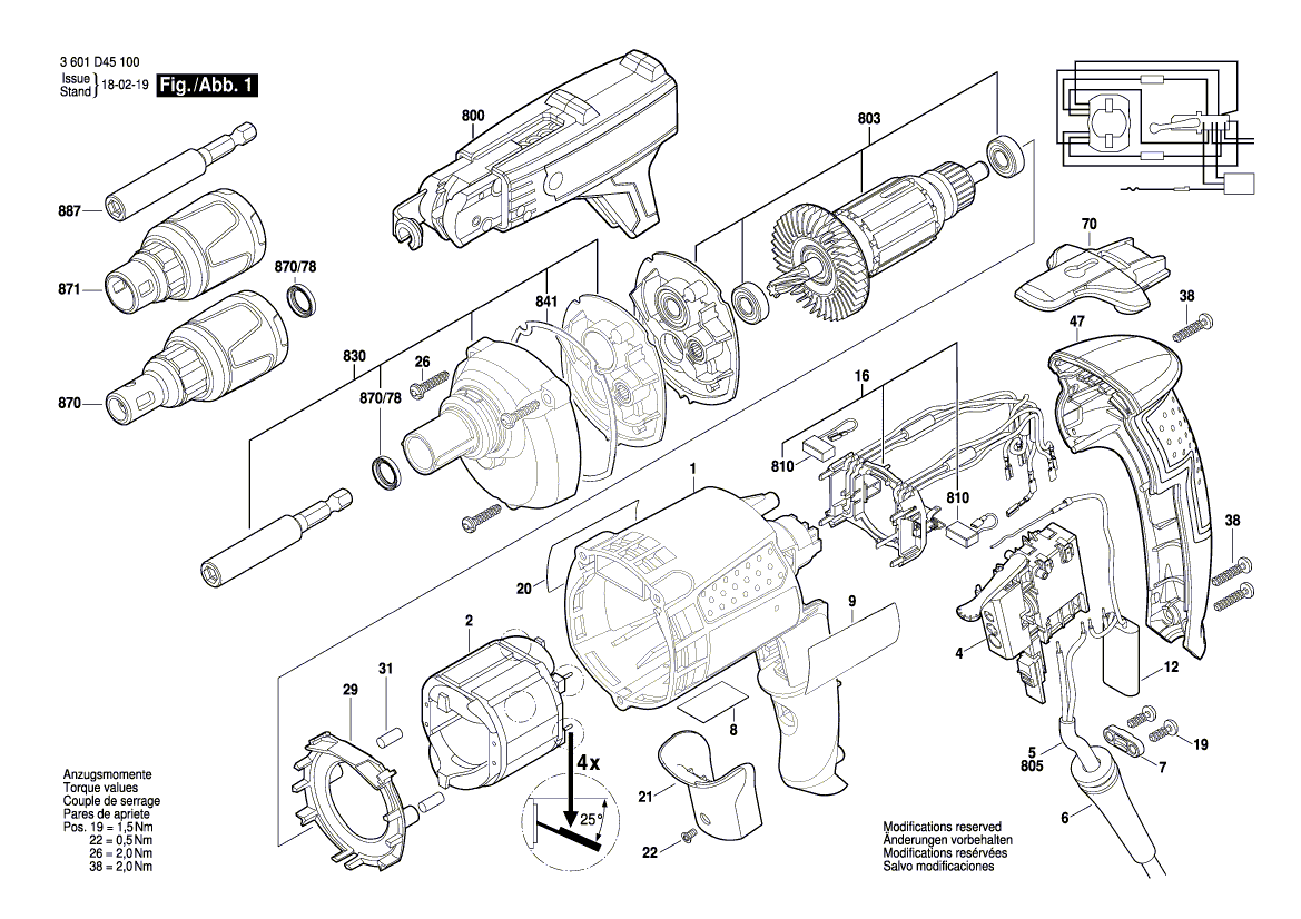 Запчасти для дрели-шуруповерта Bosch GSR 6-45 TE 230 V 3601D45100, деталировка 1 - цена в Москве, купить оригинальные запчасти Бош в интернет-магазине «Премиум инструмент»