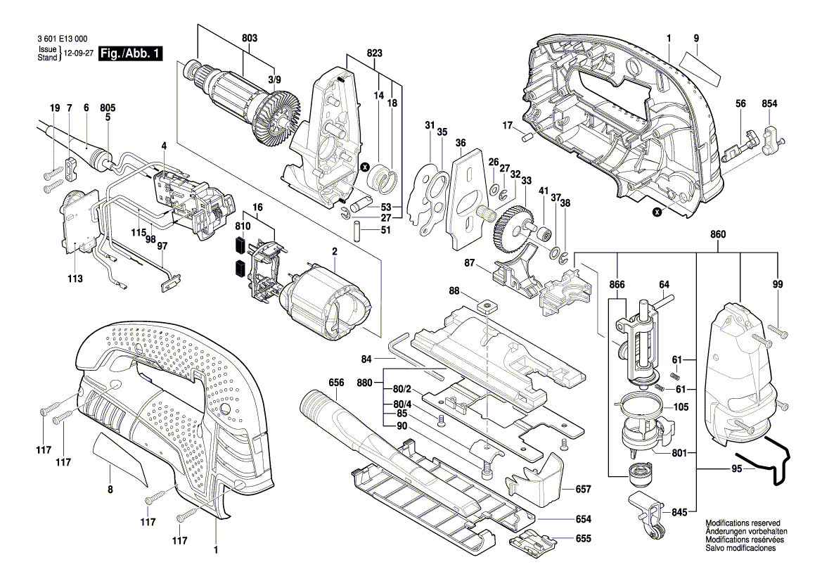 Запчасти для электролобзика Bosch GST 150 BCE 230 V 3601E13000, деталировка 1 - цена в Москве, купить оригинальные запчасти Бош в интернет-магазине «Премиум инструмент»