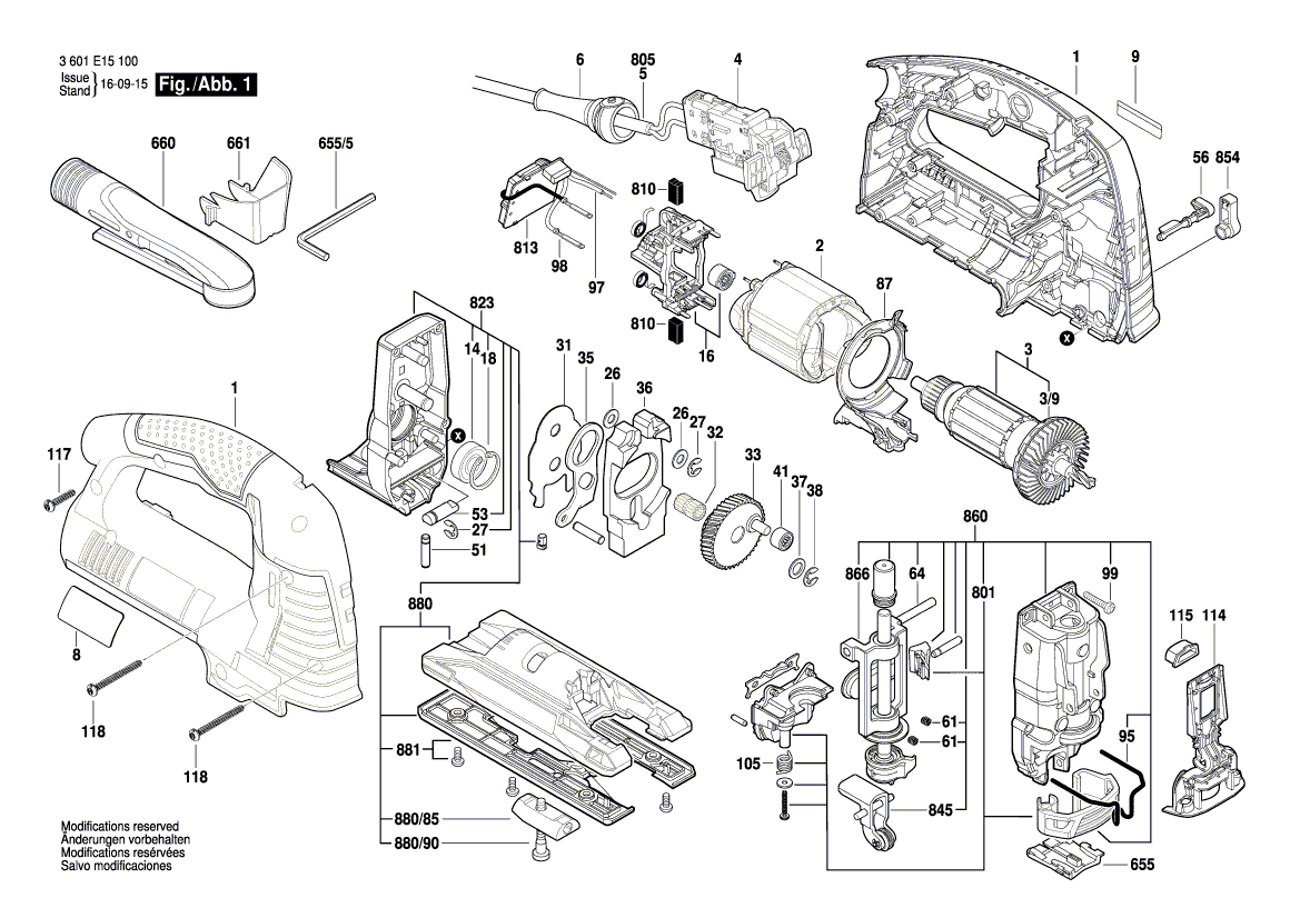 Запчасти для электролобзика Bosch GST 1400 BCE 230 V 3601E15100, деталировка 1 - цена в Москве, купить оригинальные запчасти Бош в интернет-магазине «Премиум инструмент»
