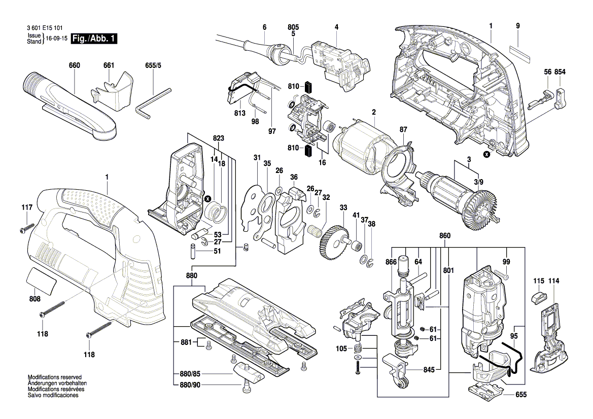 Запчасти для электролобзика Bosch GST 1400 BCE 230 V 3601E15101, деталировка 1 - цена в Москве, купить оригинальные запчасти Бош в интернет-магазине «Премиум инструмент»