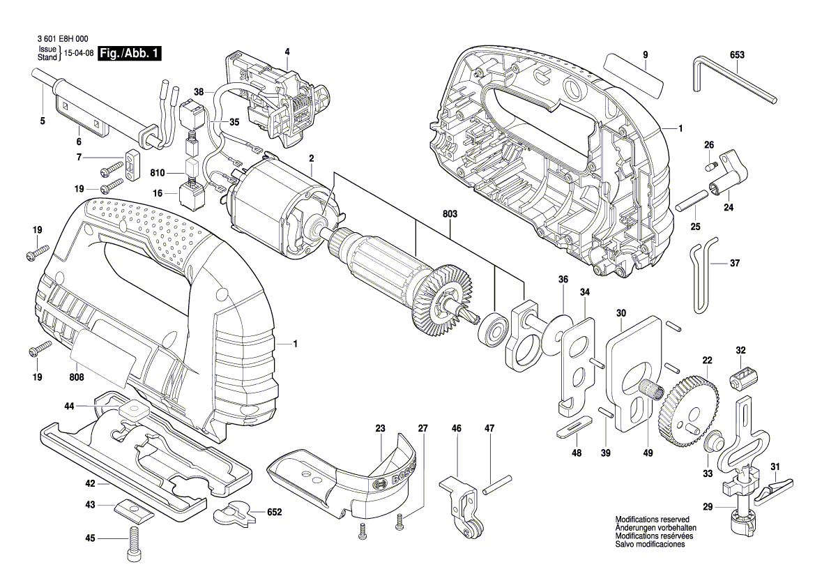 Запчасти для электролобзика Bosch GST 8000 E 220 V 3601E8H000, деталировка 1 - цена в Москве, купить оригинальные запчасти Бош в интернет-магазине «Премиум инструмент»