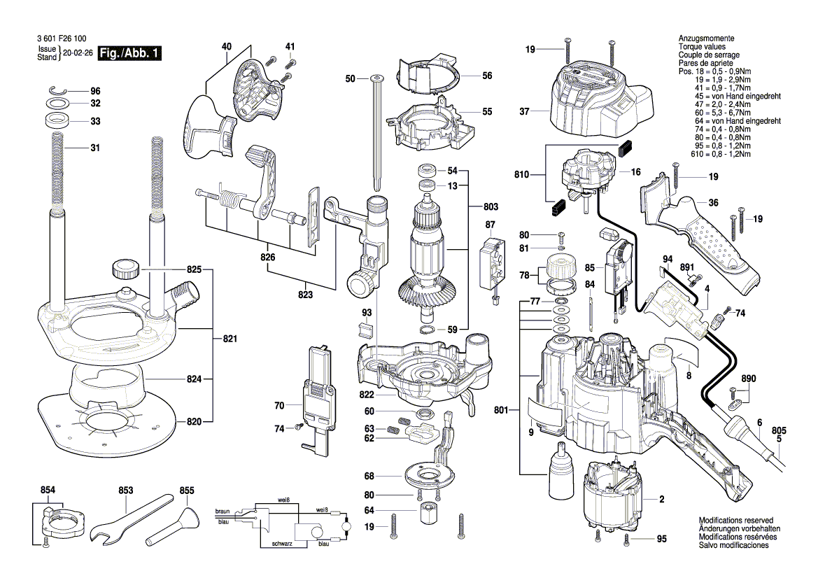 Запчасти для вертикальной фрезерной машины Bosch GOF 1250 LCE 230 V 3601F26101, деталировка 1 - цена в Москве, купить оригинальные запчасти Бош в интернет-магазине «Премиум инструмент»