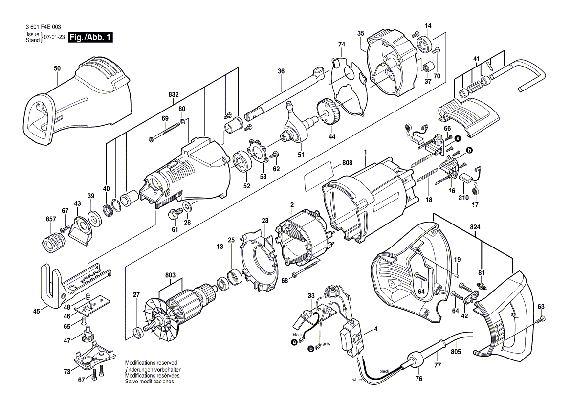 Запчасти для сабельной пилы Bosch GSA 1200 E 230 V 3601F4E003, деталировка 1 - цена в Москве, купить оригинальные запчасти Бош в интернет-магазине «Премиум инструмент»
