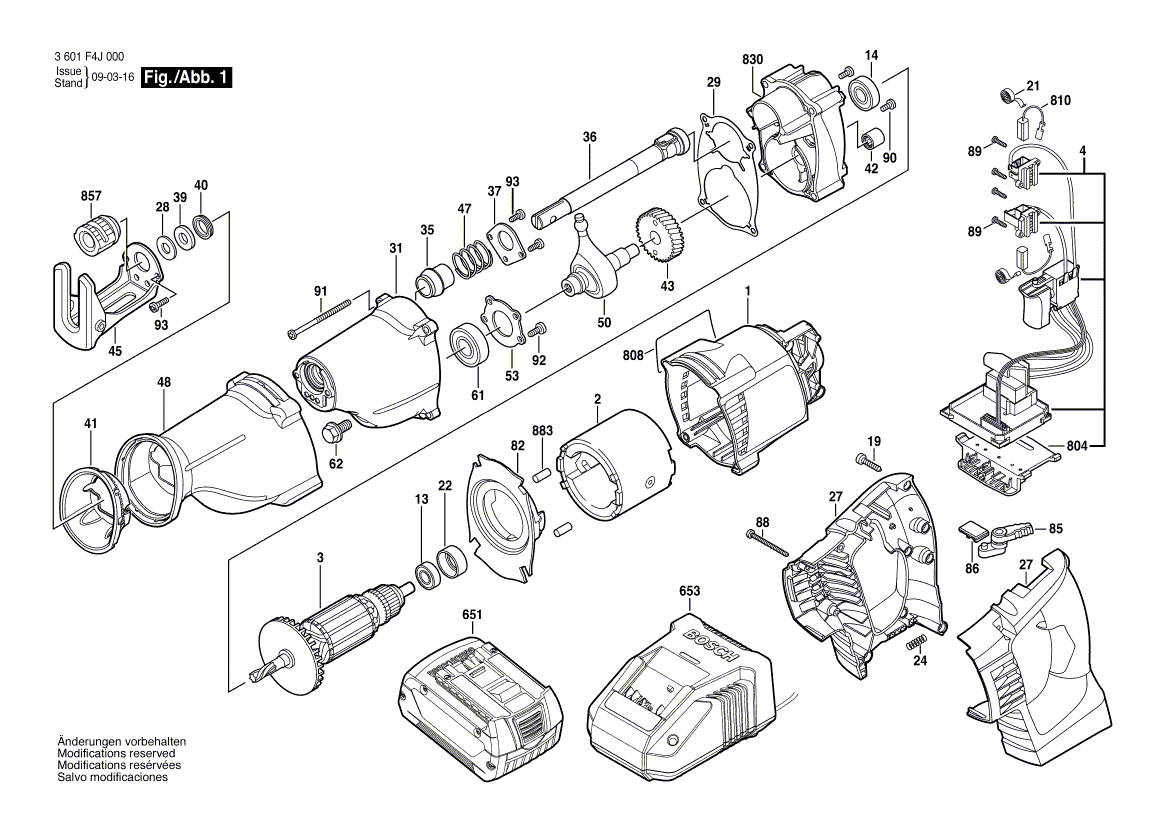 Запчасти для аккумуляторной сабельной пилы Bosch GSA 18 V-LI 18 V 3601F4J000, деталировка 1 - цена в Москве, купить оригинальные запчасти Бош в интернет-магазине «Премиум инструмент»