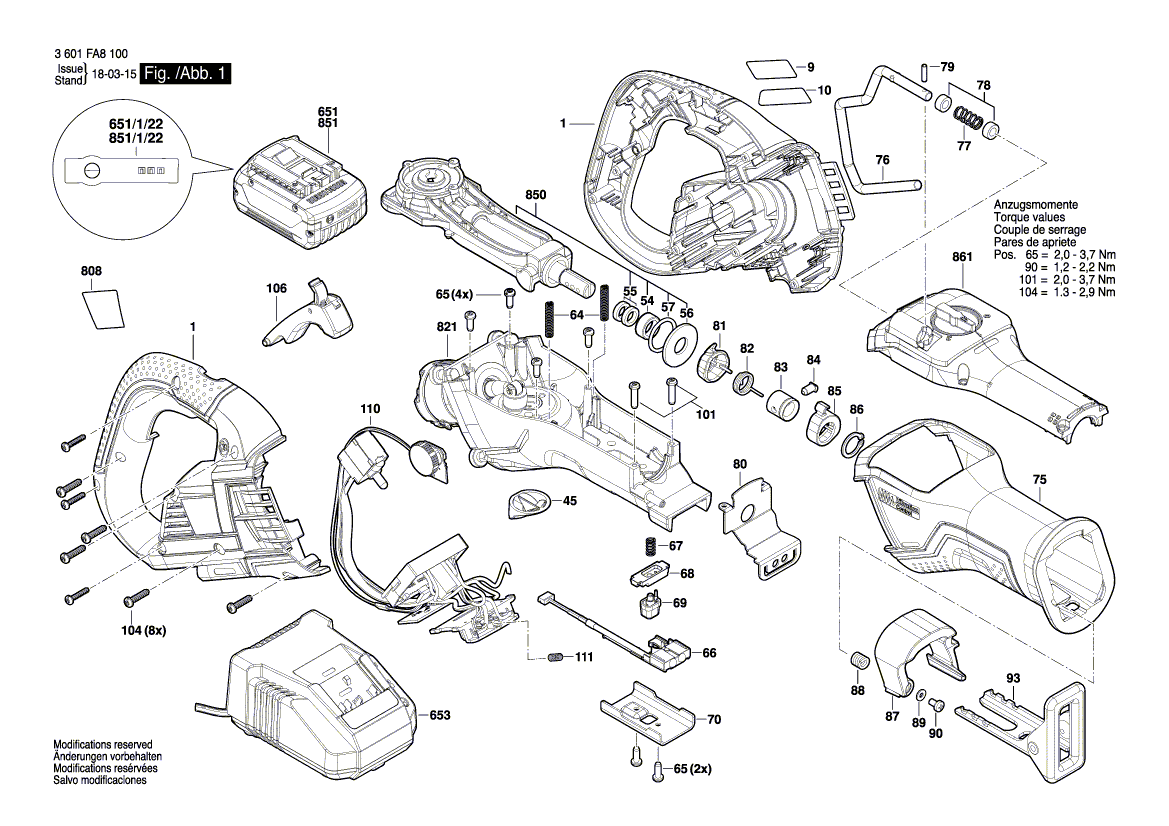 Запчасти для аккумуляторной сабельной пилы Bosch GSA 18V-32 18 V 3601FA8100, деталировка 1 - цена в Москве, купить оригинальные запчасти Бош в интернет-магазине «Премиум инструмент»