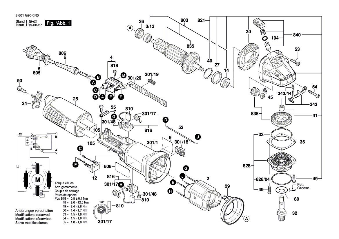 Запчасти для угловой шлифмашины Bosch GWS 9-125 230 V 3601G910R0, деталировка 1 - цена в Москве, купить оригинальные запчасти Бош в интернет-магазине «Премиум инструмент»