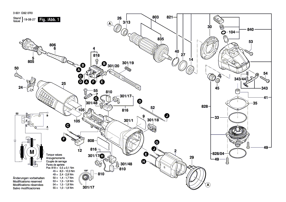 Запчасти для угловой шлифмашины Bosch GWS 11-125 230 V 3601G920R0, деталировка 1 - цена в Москве, купить оригинальные запчасти Бош в интернет-магазине «Премиум инструмент»