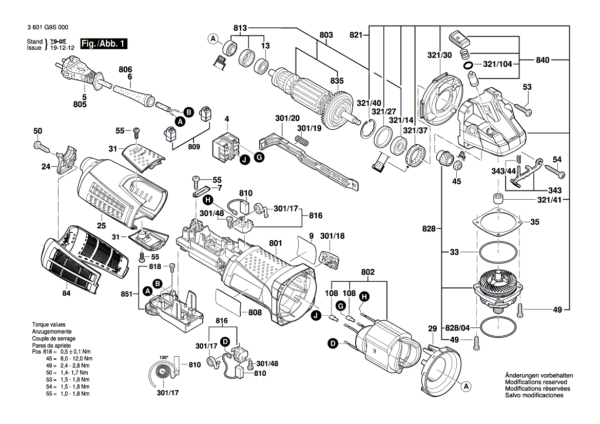 Запчасти для угловой шлифмашины Bosch GWS 19-125 CIST 230 V 3601G9S000, деталировка 1 - цена в Москве, купить оригинальные запчасти Бош в интернет-магазине «Премиум инструмент»