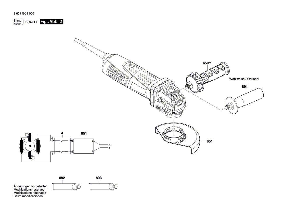 Запчасти для угловой шлифмашины Bosch GWX 19-125 S 230 V 3601GC8000, деталировка 2 - цена в Москве, купить оригинальные запчасти Бош в интернет-магазине «Премиум инструмент»