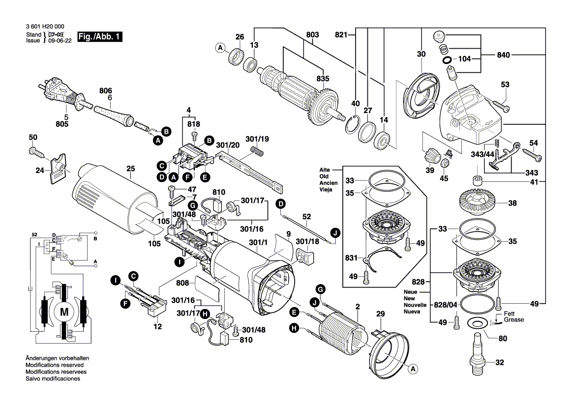 Запчасти для угловой шлифмашины Bosch GWS 8-115 230 V 3601H20000, деталировка 1 - цена в Москве, купить оригинальные запчасти Бош в интернет-магазине «Премиум инструмент»