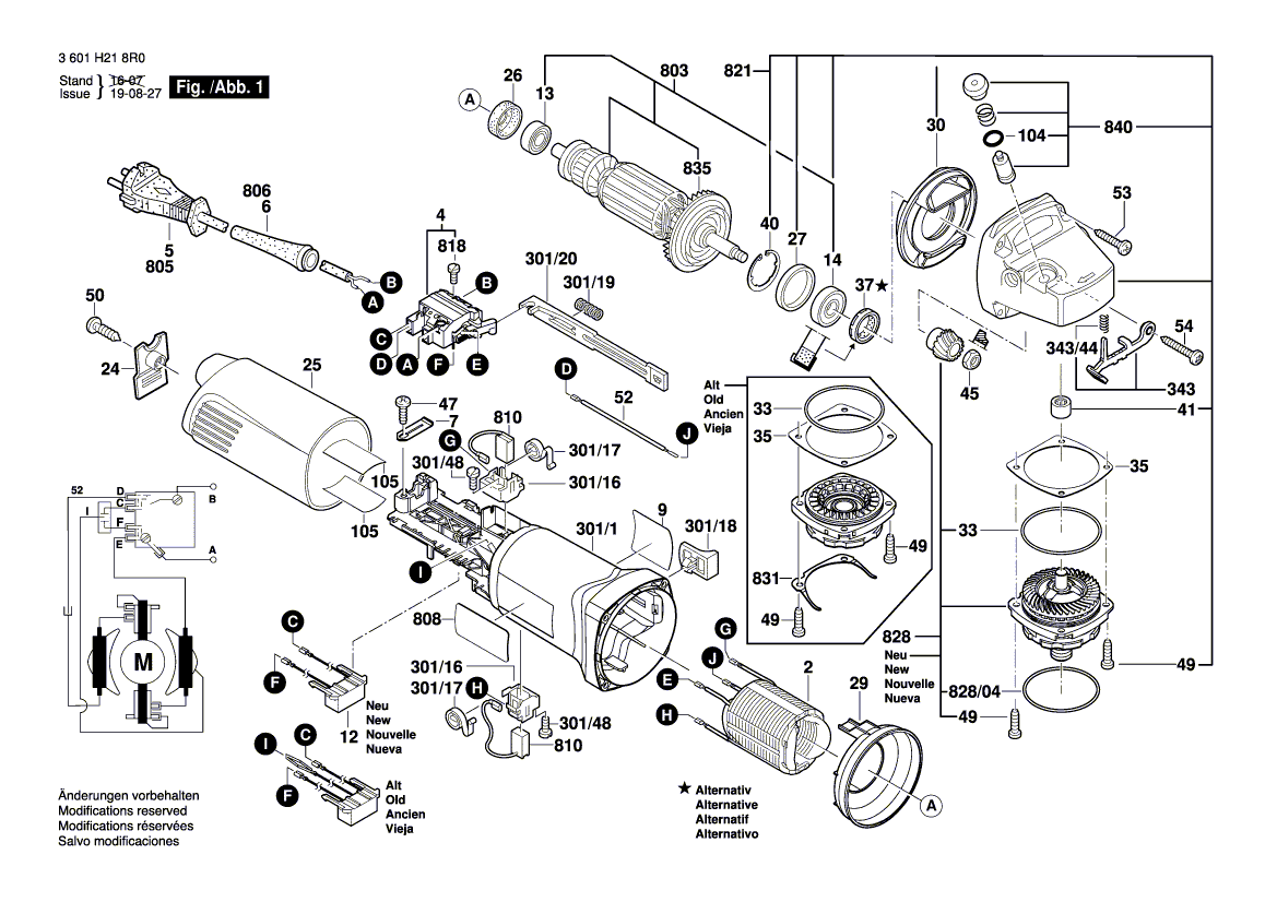 Запчасти для угловой шлифмашины Bosch GWS 1000 230 V 3601H218R0, деталировка 1 - цена в Москве, купить оригинальные запчасти Бош в интернет-магазине «Премиум инструмент»