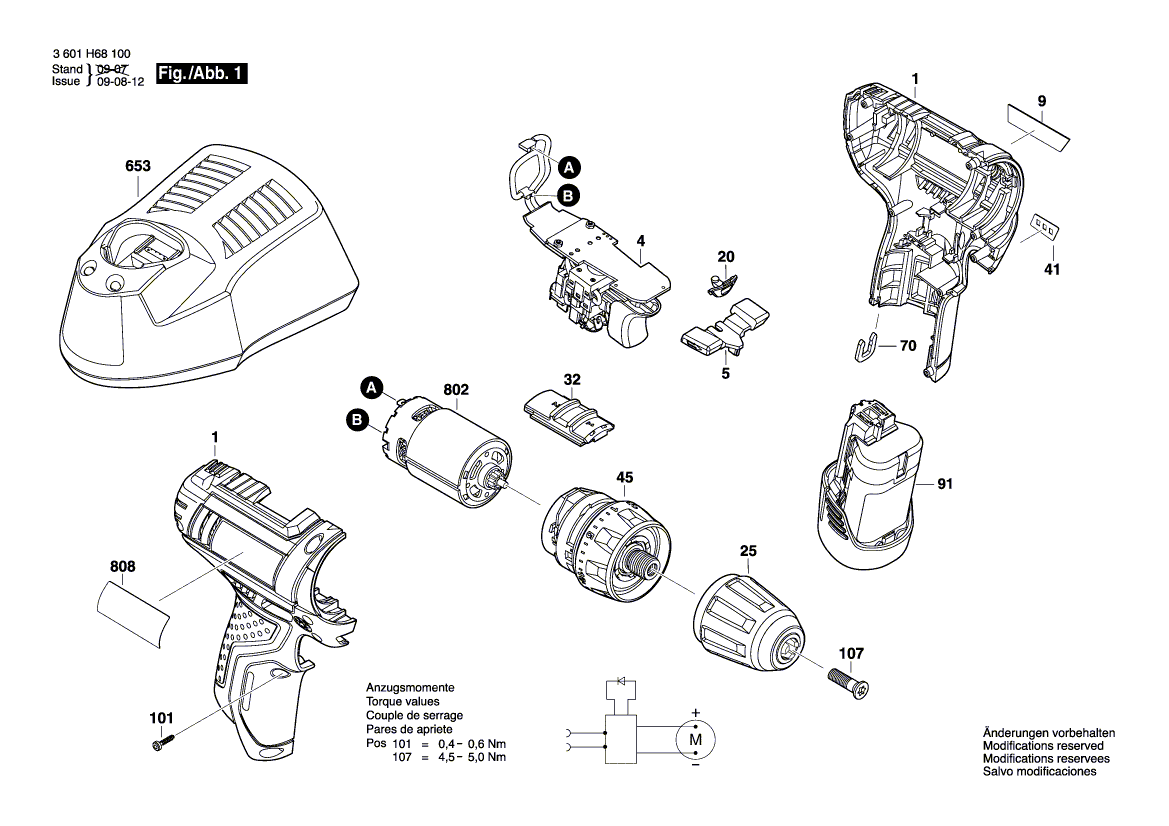 Запчасти для аккумуляторной дрели-шуруповерта Bosch GSR 12V-15 12 V 3601H68102, деталировка 1 - цена в Москве, купить оригинальные запчасти Бош в интернет-магазине «Премиум инструмент»
