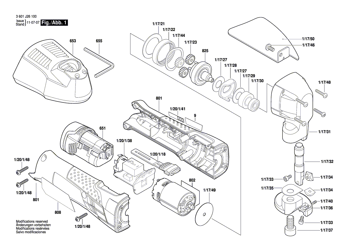 Запчасти для аккумуляторных листовых ножниц Bosch GSC 10,8 V-LI 10.8 V 3601J26100, деталировка 1 - цена в Москве, купить оригинальные запчасти Бош в интернет-магазине «Премиум инструмент»