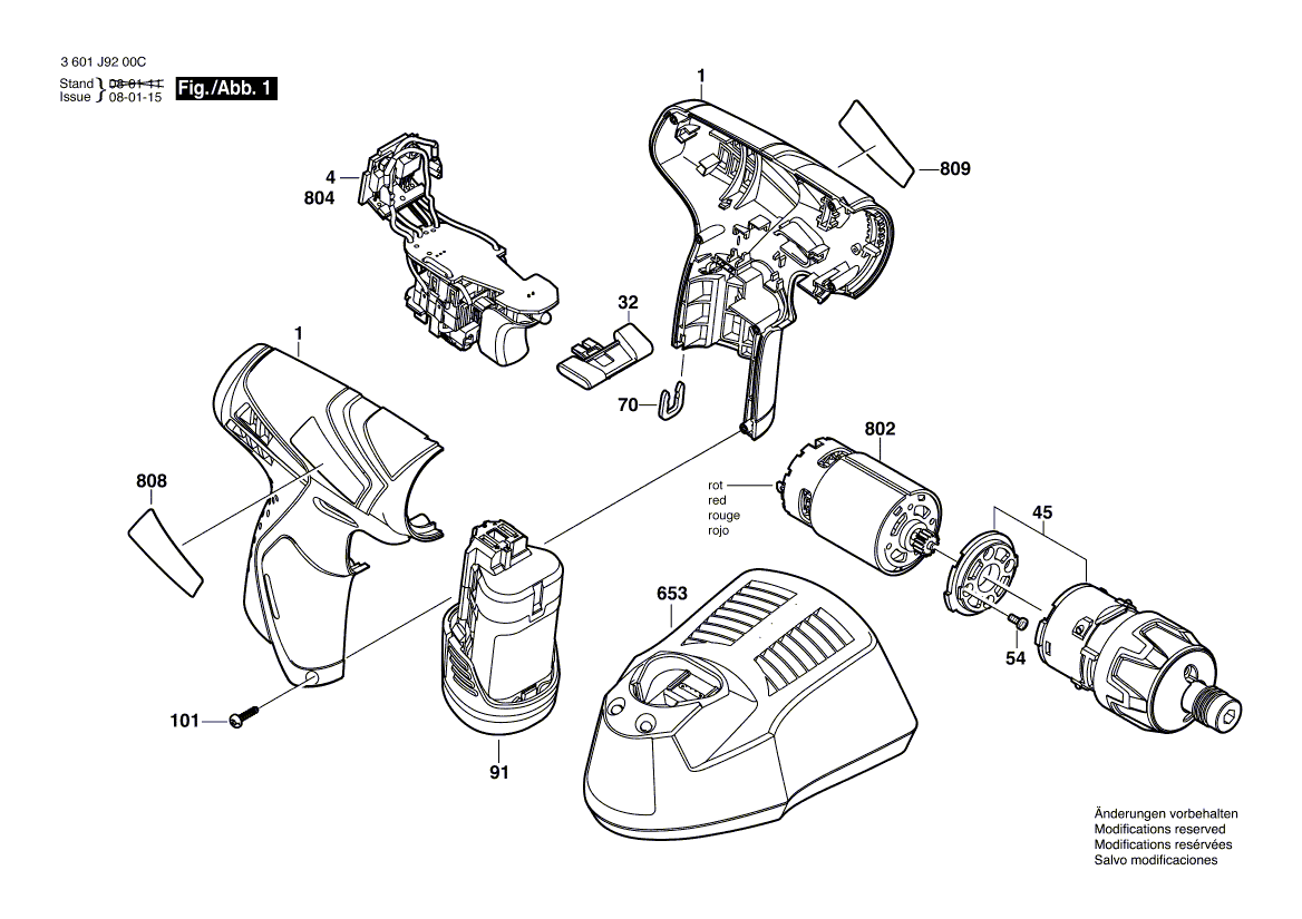 Запчасти для аккумуляторной дрели-шуруповерта Bosch GSR 10,8 V-LI 10.8 V 3601J9200C, деталировка 1 - цена в Москве, купить оригинальные запчасти Бош в интернет-магазине «Премиум инструмент»
