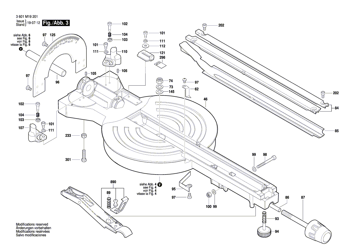 Запчасти для торцевочной тяговой пилы Bosch GCM 8 SDE 230 V 3601M19201, деталировка 3 - цена в Москве, купить оригинальные запчасти Бош в интернет-магазине «Премиум инструмент»