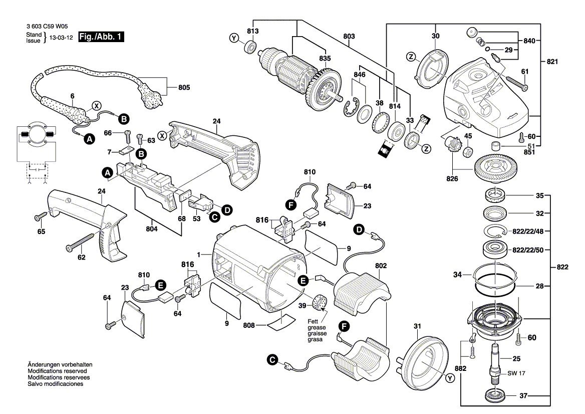 Запчасти для угловой шлифмашины Bosch PWS 1900 230 V 3603C59W06, деталировка 1 - цена в Москве, купить оригинальные запчасти Бош в интернет-магазине «Премиум инструмент»