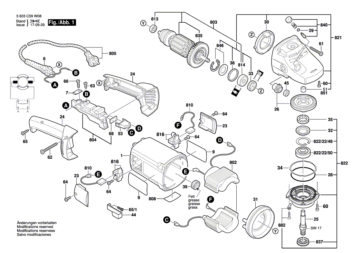 Запчасти для угловой шлифмашины Bosch PWS 1900 230 V 3603C59W08, деталировка 1 - цена в Москве, купить оригинальные запчасти Бош в интернет-магазине «Премиум инструмент»