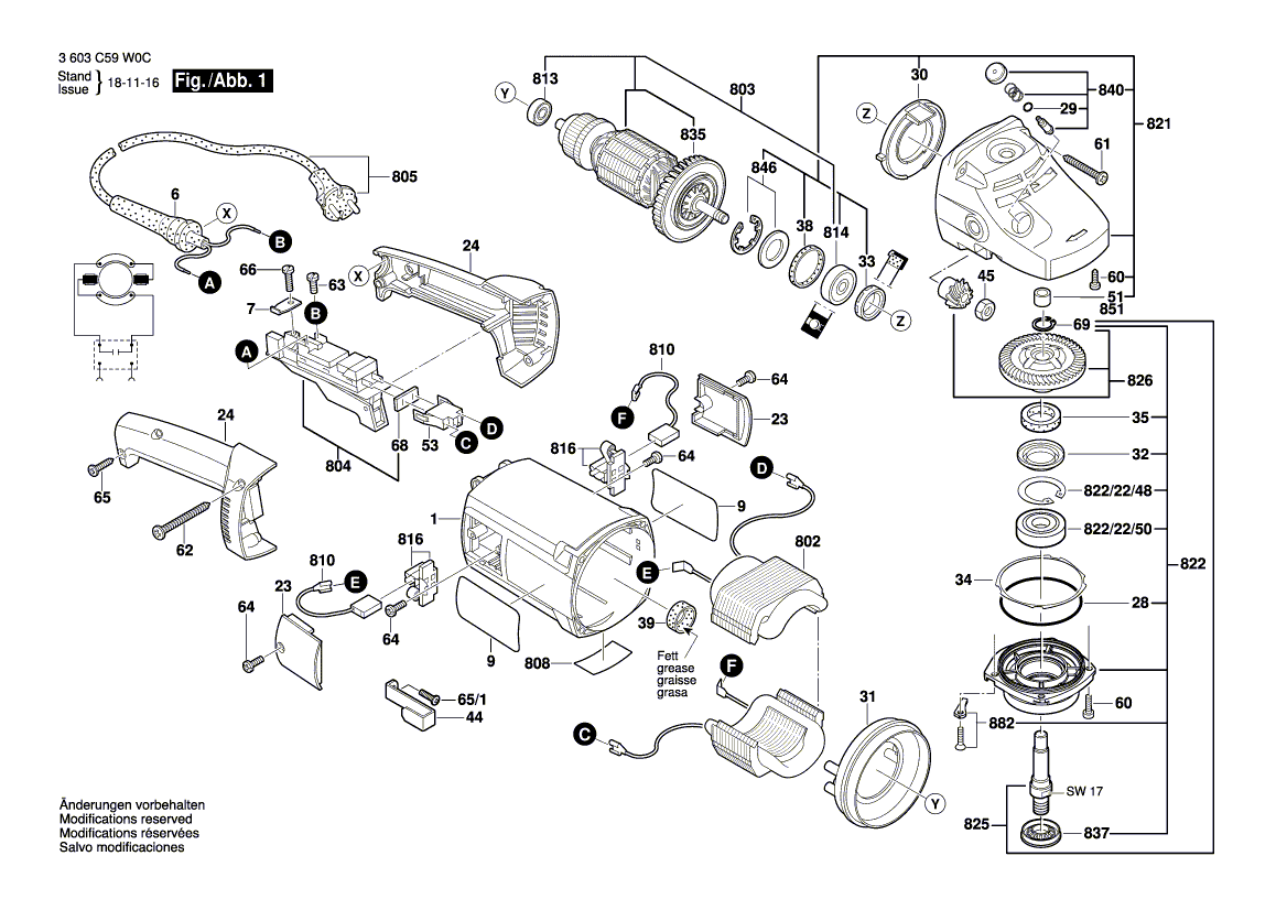 Запчасти для угловой шлифмашины Bosch PWS1900 230 V 3603C59W0C, деталировка 1 - цена в Москве, купить оригинальные запчасти Бош в интернет-магазине «Премиум инструмент»