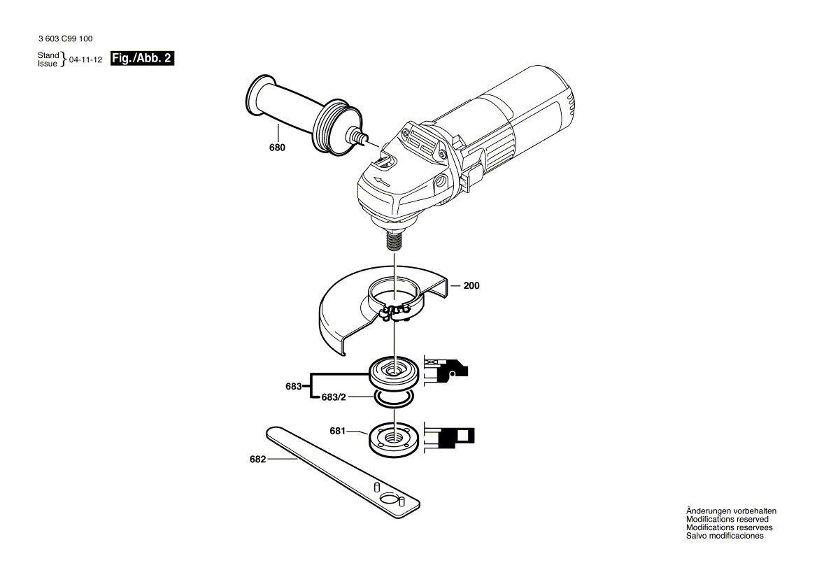 Запчасти для угловой шлифмашины Bosch PWS 600 230 V 3603C99100, деталировка 2 - цена в Москве, купить оригинальные запчасти Бош в интернет-магазине «Премиум инструмент»
