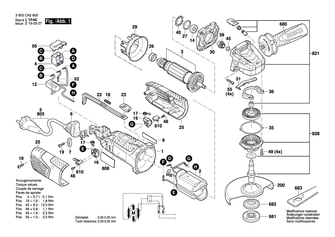 Запчасти для угловой шлифмашины Bosch PWS 1000-125 230 V 3603CA2600, деталировка 1 - цена в Москве, купить оригинальные запчасти Бош в интернет-магазине «Премиум инструмент»