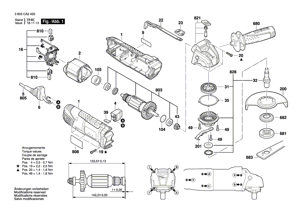 Запчасти для угловой шлифмашины Bosch PWS 780-125 230 V 3603CA2705, деталировка 1 - цена в Москве, купить оригинальные запчасти Бош в интернет-магазине «Премиум инструмент»
