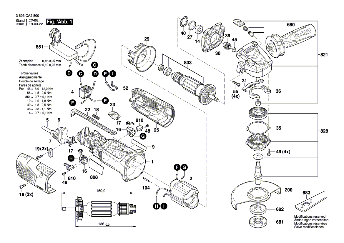 Запчасти для угловой шлифмашины Bosch PWS 1000-125 CE 230 V 3603CA2800, деталировка 1 - цена в Москве, купить оригинальные запчасти Бош в интернет-магазине «Премиум инструмент»