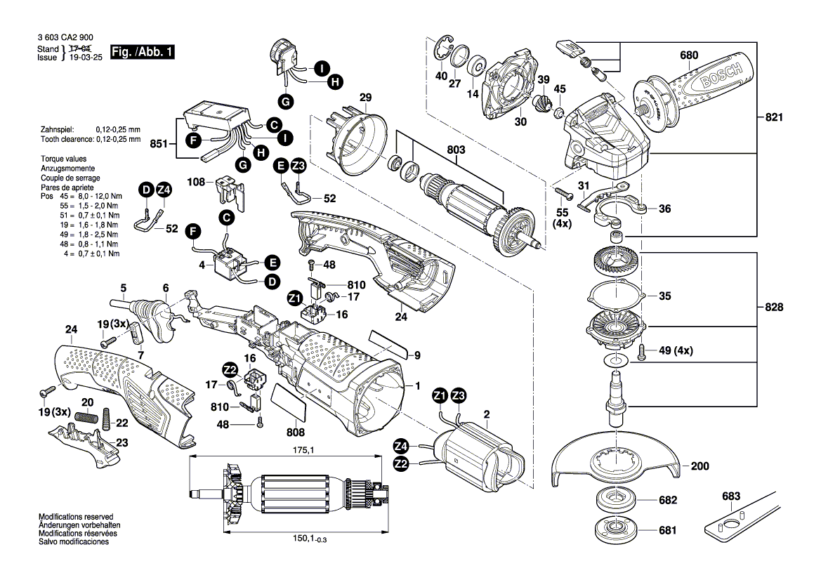 Запчасти для угловой шлифмашины Bosch PWS 1300-125 CE 230 V 3603CA2900, деталировка 1 - цена в Москве, купить оригинальные запчасти Бош в интернет-магазине «Премиум инструмент»