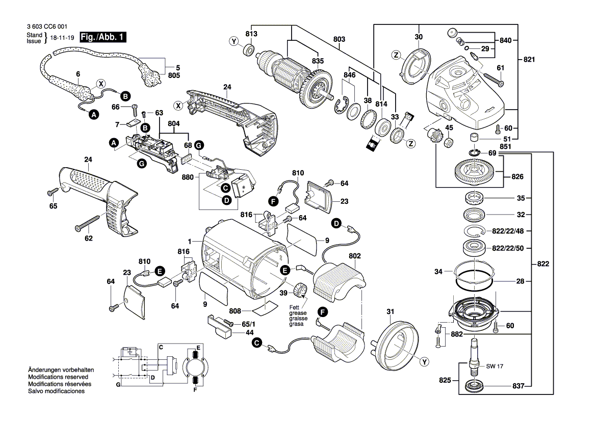 Запчасти для угловой шлифмашины Bosch PWS 2000-230JE 230 V 3603CC6001, деталировка 1 - цена в Москве, купить оригинальные запчасти Бош в интернет-магазине «Премиум инструмент»