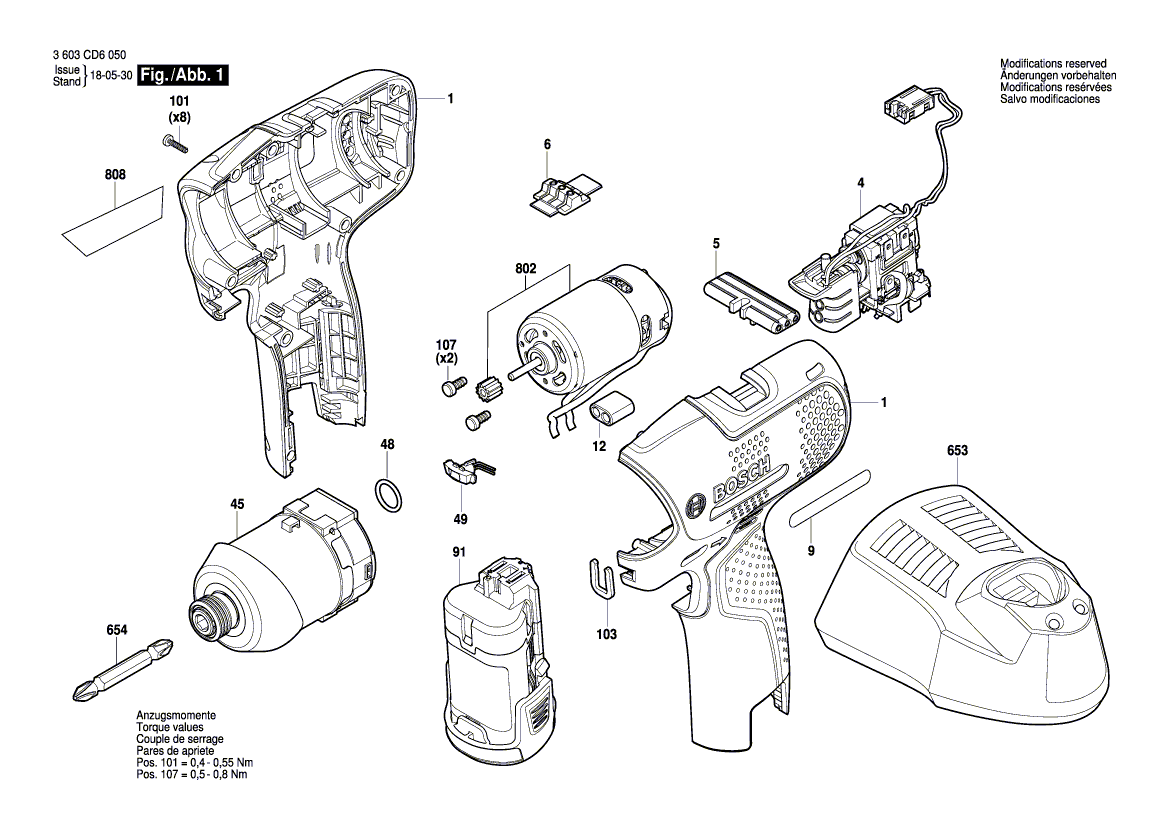 Запчасти для аккумуляторного импульсного гайковерта Bosch EasyImpactDrive 12 12 V 3603CD6000, деталировка 1 - цена в Москве, купить оригинальные запчасти Бош в интернет-магазине «Премиум инструмент»