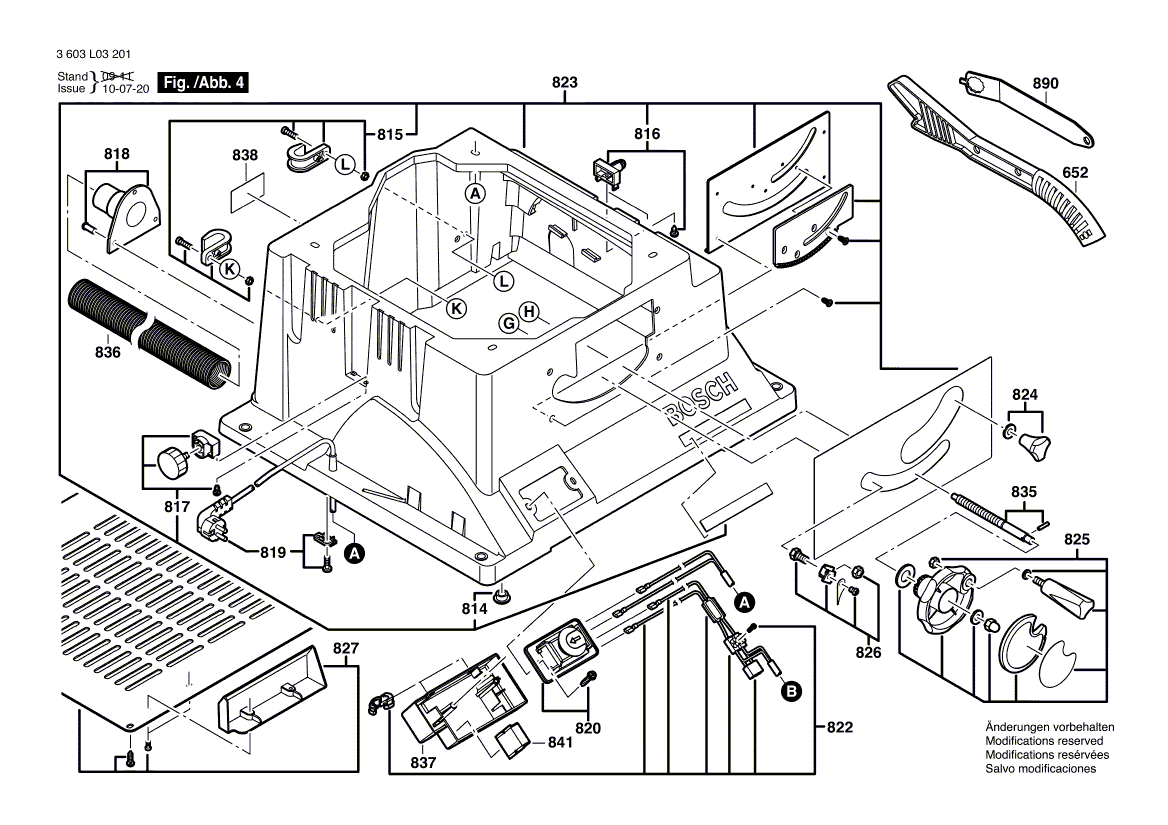 Запчасти для настольной циркулярной пилы Bosch PTS 10 230 V 3603L03201, деталировка 4 - цена в Москве, купить оригинальные запчасти Бош в интернет-магазине «Премиум инструмент»