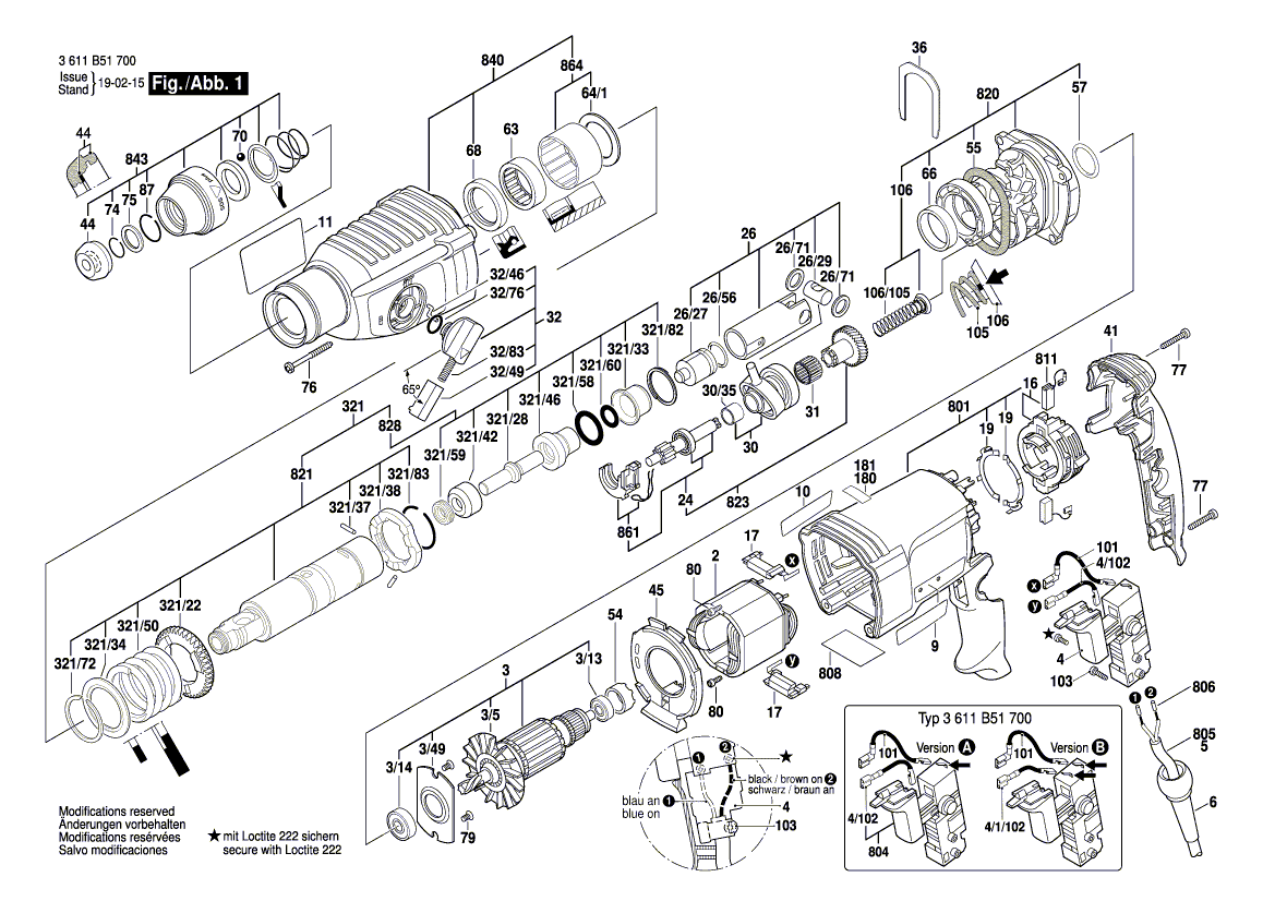 Запчасти для перфоратора Bosch GBH 2-26 RE 230 V 3611B51700, деталировка 1 - цена в Москве, купить оригинальные запчасти Бош в интернет-магазине «Премиум инструмент»
