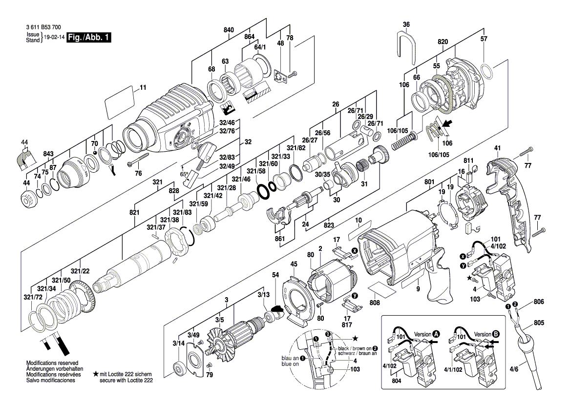 Запчасти для перфоратора Bosch GBH 2-26 230 V 3611B53700, деталировка 1 - цена в Москве, купить оригинальные запчасти Бош в интернет-магазине «Премиум инструмент»