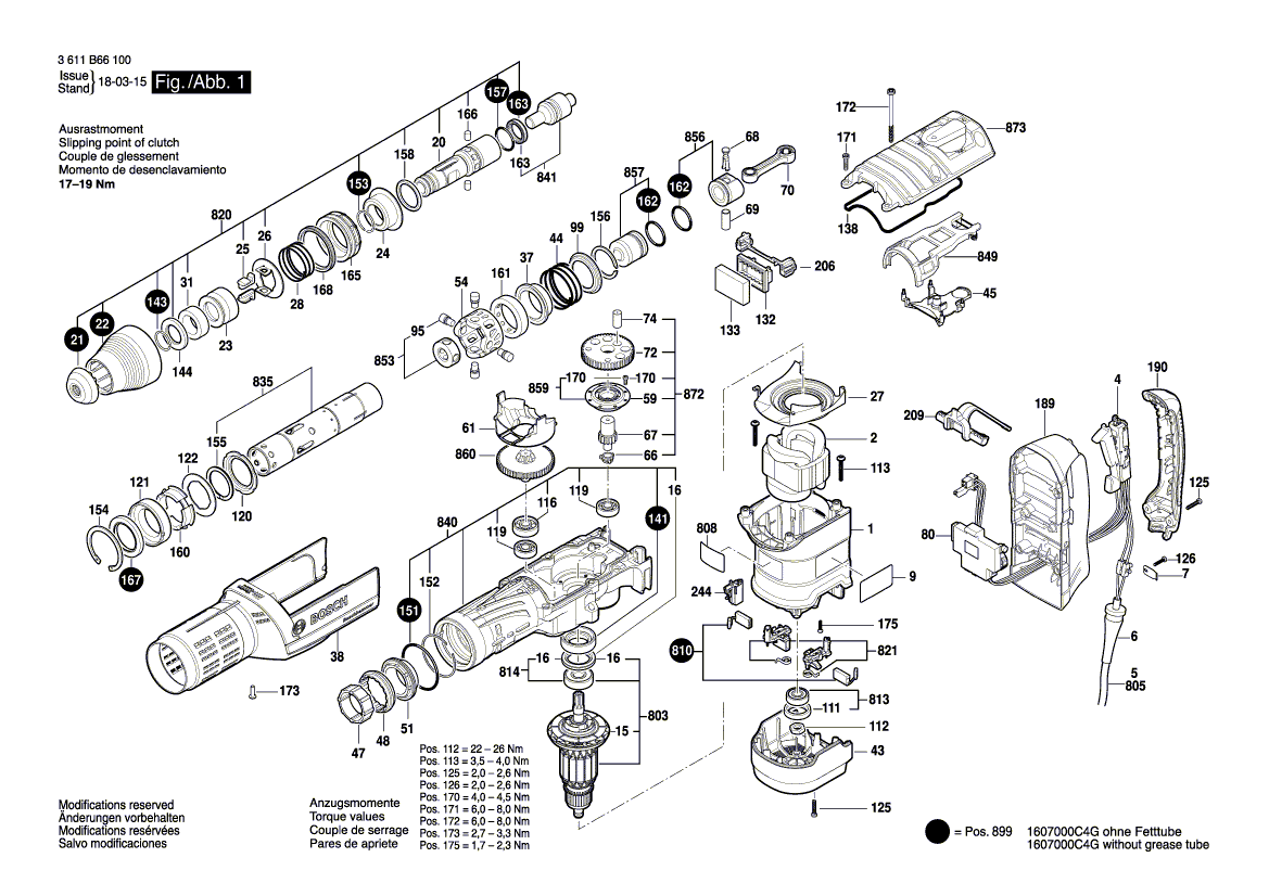 Запчасти для перфоратора Bosch GBH 12-52 D 230 V 3611B66100, деталировка 1 - цена в Москве, купить оригинальные запчасти Бош в интернет-магазине «Премиум инструмент»