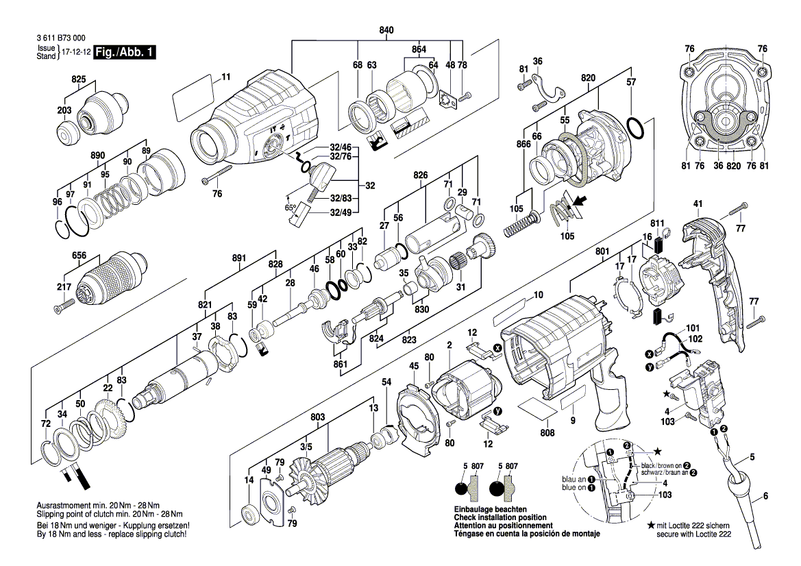 Запчасти для перфоратора Bosch GBH 2-24 DFR 230 V 3611B73000, деталировка 1 - цена в Москве, купить оригинальные запчасти Бош в интернет-магазине «Премиум инструмент»
