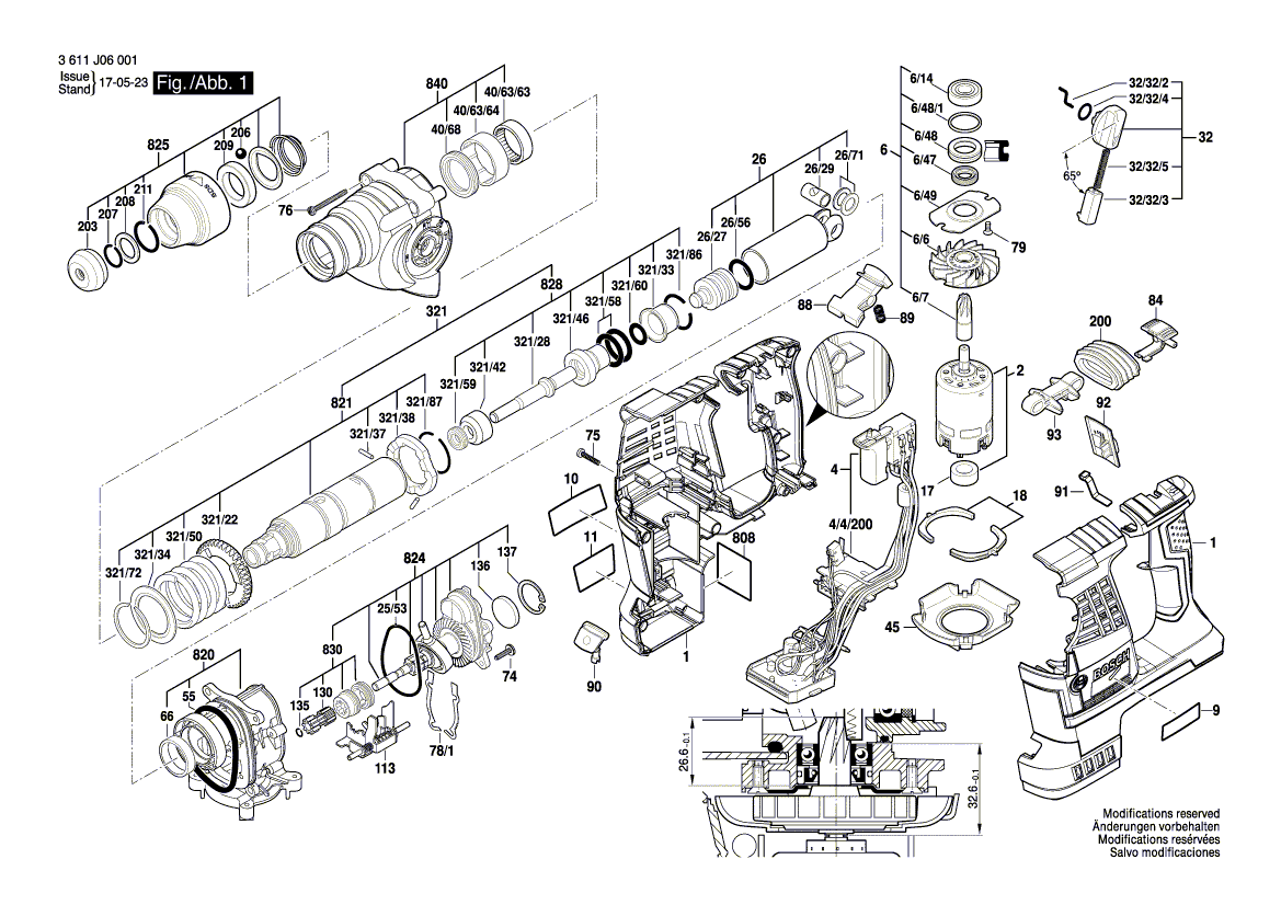Запчасти для аккумуляторного отбойного молотка Bosch GBH 36 V-LI Plus 36 V 3611J06001, деталировка 1 - цена в Москве, купить оригинальные запчасти Бош в интернет-магазине «Премиум инструмент»